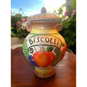 Vtg. Hand Painted Colorful Fruit Nonni’s Biscotti Large Ceramic Cookie Jar EUC